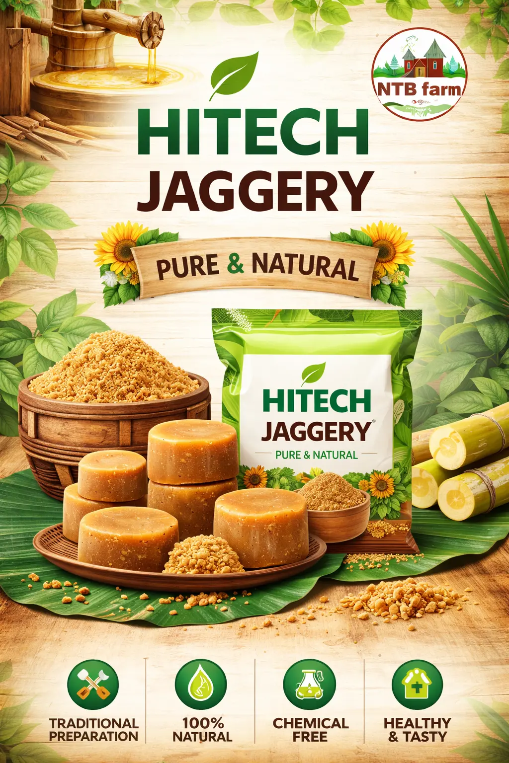 Chemical-free Nattu Sakkarai Jaggery Powder Heap